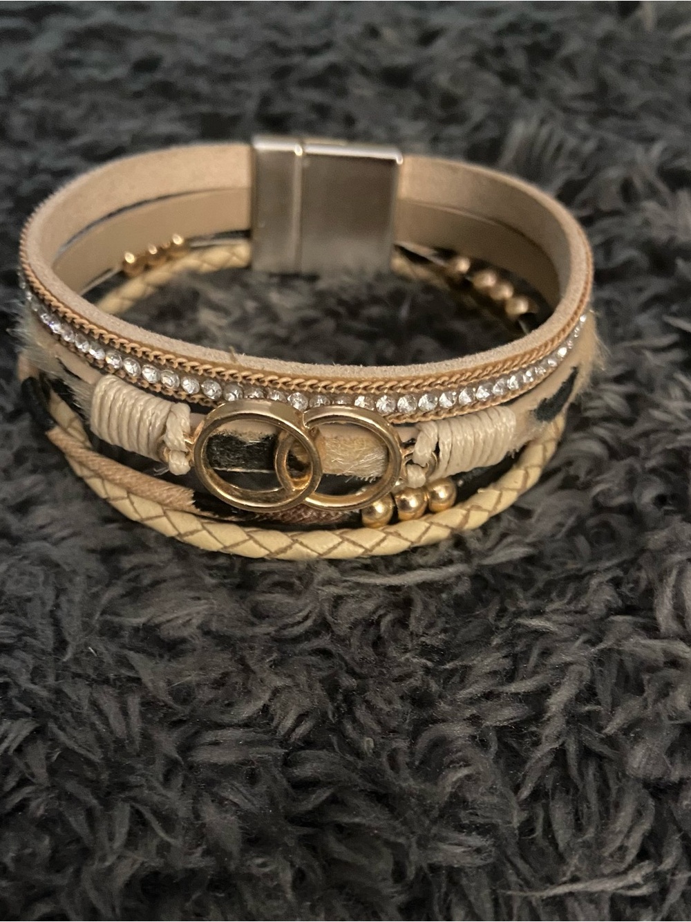 Beige and Gold Multi-Strand Fashion Bracelet with Rhinestones and Leopard Print
